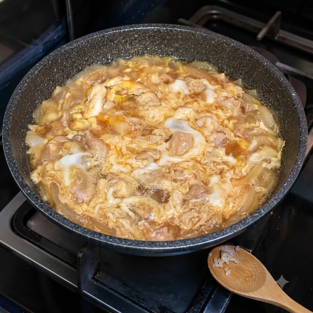 Kochende Hähnchen-Zwiebel-Mischung in einer Pfanne, bedeckt mit leicht gestockten, verquirlten Eiern.