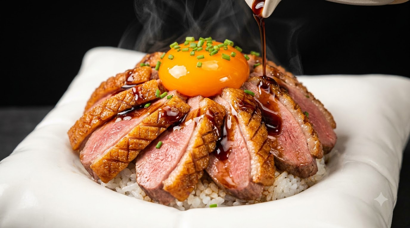 Eine fertige Schüssel mit japanischem gebratenen knusprigen Enten Donburi in einer weißen, kissenförmigen Keramikschüssel, gekrönt mit einem eingelegten Eigelb und Schnittlauch.