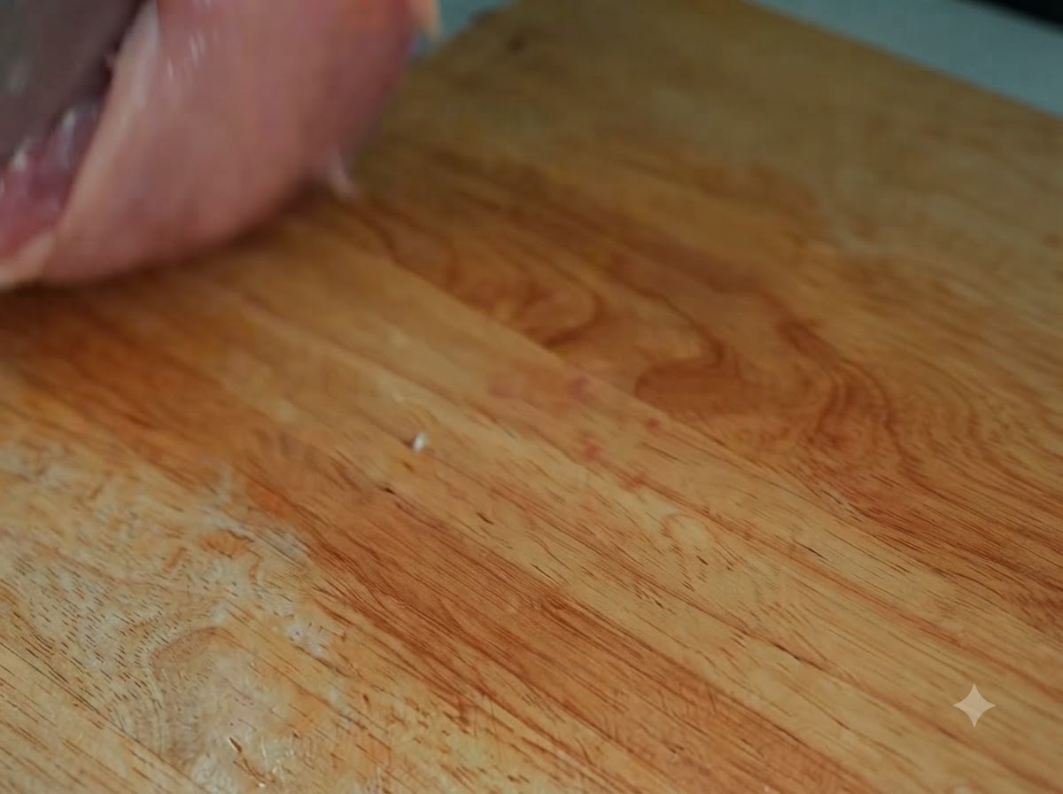 Ein scharfes Messer schneidet überschüssiges Fett und Sehnen von einer rohen Entenbrust auf einem Holzschneidebrett ab.