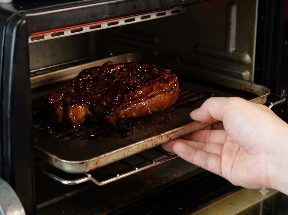 Eine glasierte Entenbrust auf einem kleinen Backblech wird in einen offenen, vorgeheizten Backofen geschoben.