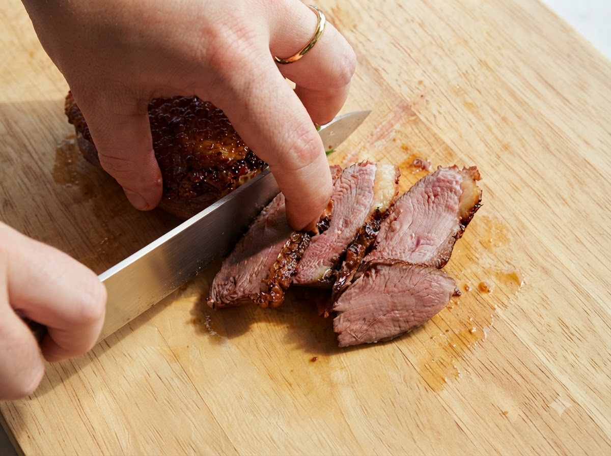 Ein scharfes Messer schneidet durch eine geröstete Entenbrust auf einem Holzschneidebrett und gibt rosa, saftiges Fleisch frei.