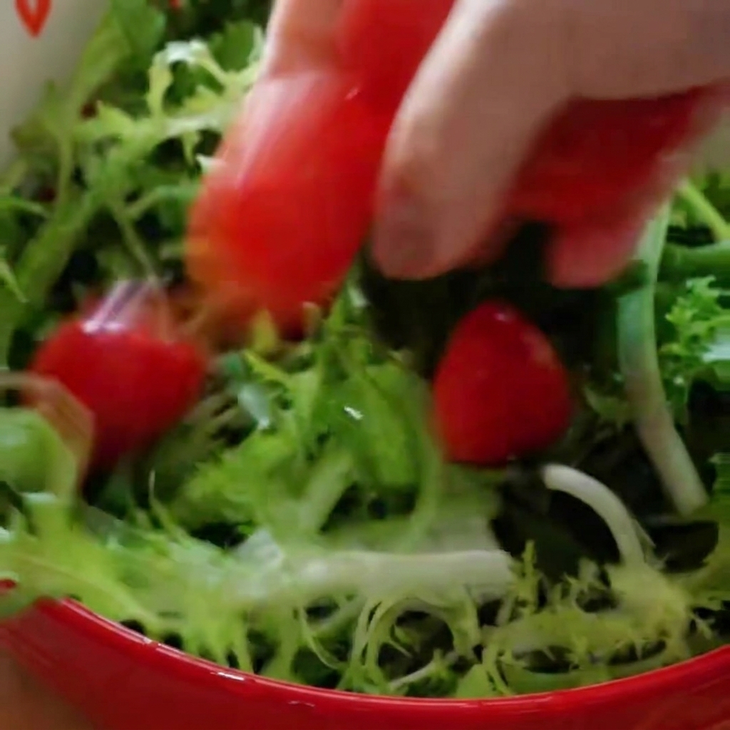 Eine Hand wirft frische grüne Salatblätter und halbierte Kirschtomaten in einer weiß-roten Schüssel durcheinander.
