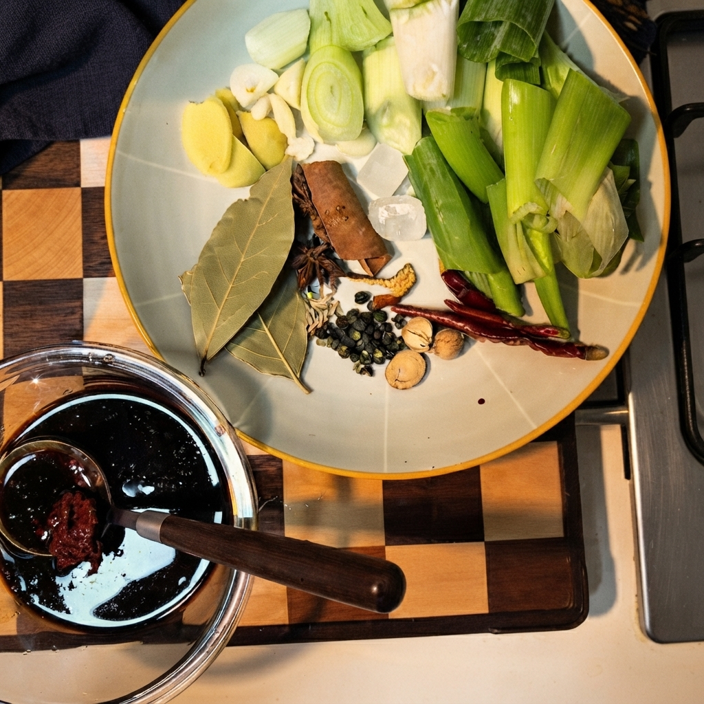 Eine Glasschüssel mit einer Mischung aus Sojasaucen und einem darin liegenden Löffel auf einem karierten Tisch.