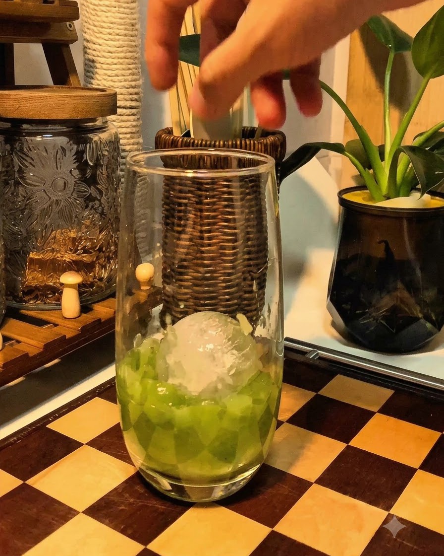 Eine Hand legt Eiswürfel über frisch zerdrückte grüne Trauben in einem hohen Glas auf einer Schachbrett-Holzoberfläche.