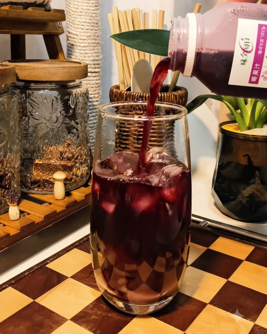 Violetter Traubensaft wird aus einer Flasche in ein hohes Glas mit Eiswürfeln und zerdrückten grünen Trauben gegossen.