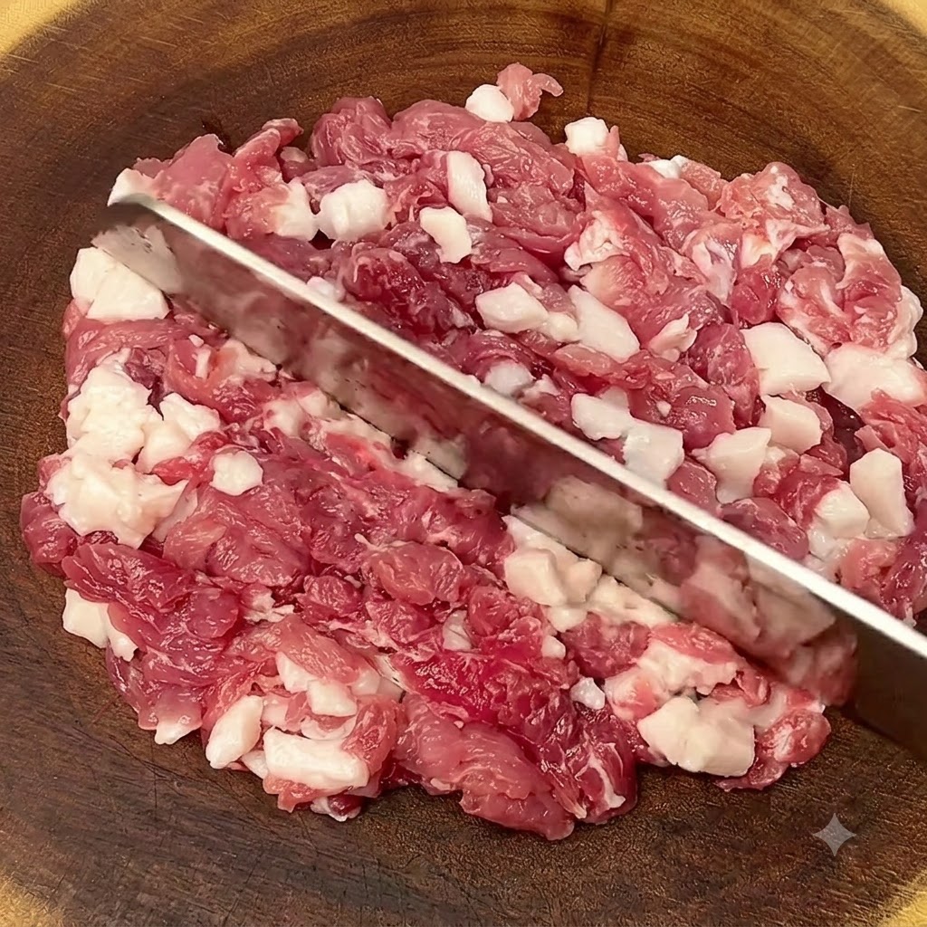 Rohe Schweineschulter wird auf einem Holzschneidebrett mit einem großen Beil in feine Stücke gehackt.