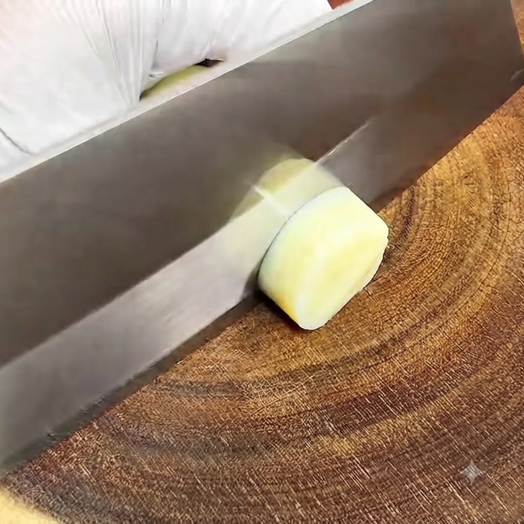 Eine gelbe Tube japanischer Tofu wird mit einem Messer auf einem Holzbrett in dicke Scheiben geschnitten.
