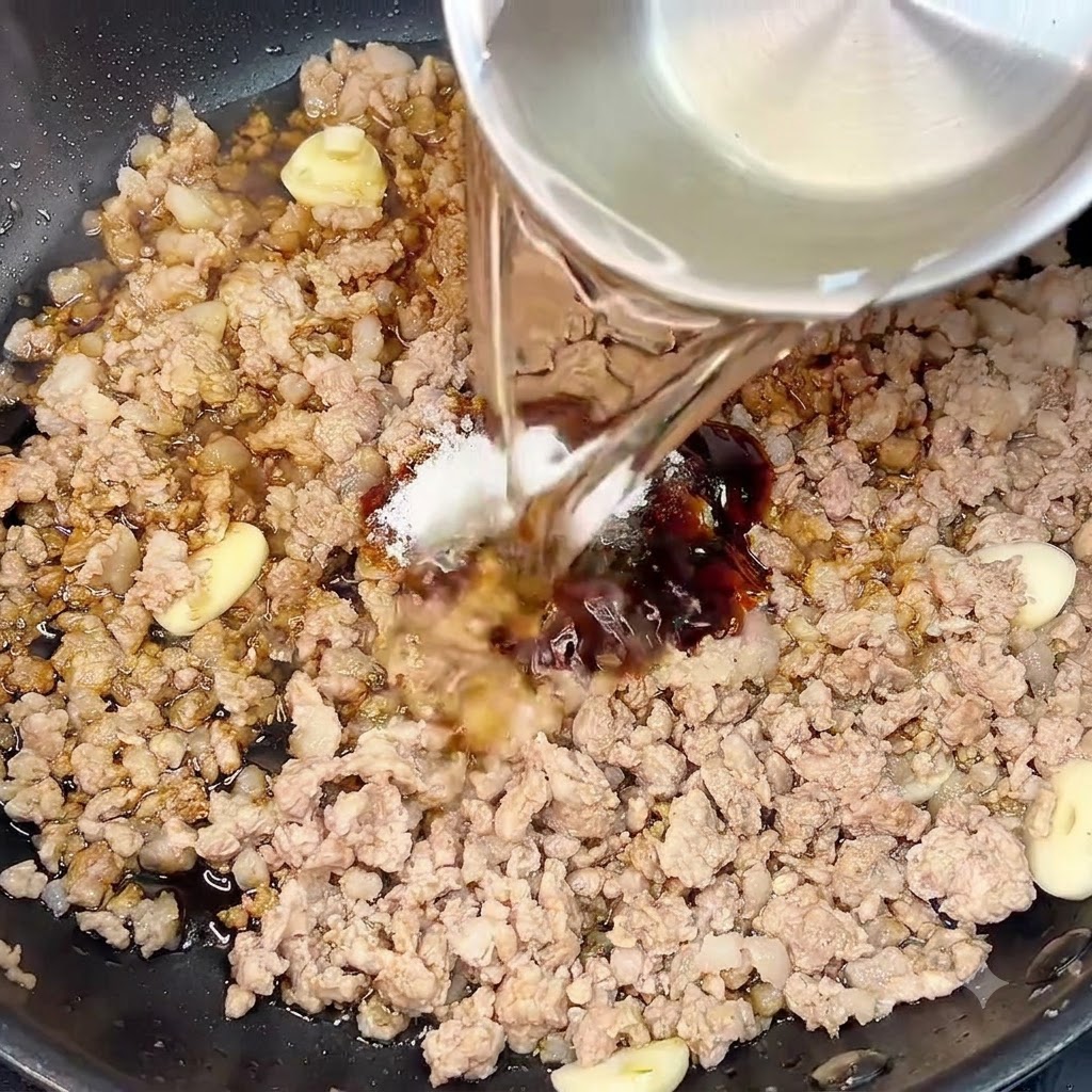 Wasser und flüssige Gewürze werden aus einer Metallschüssel in die Pfanne mit dem gebräunten Hackfleisch und Knoblauch gegossen.