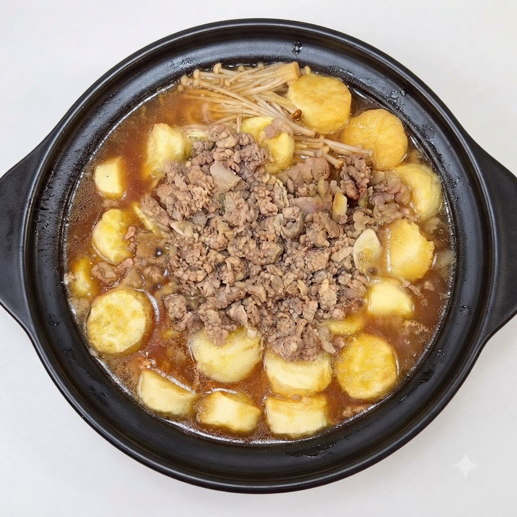 Ein schwarzer Tontopf gefüllt mit geschichtetem Tofu, Enoki-Pilzen und Hackfleisch köchelt in Brühe.