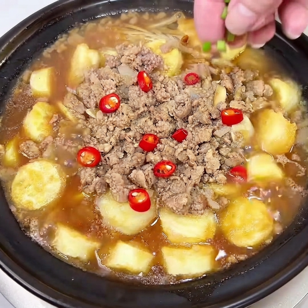 Eine Hand streut gehackte Frühlingszwiebeln und rote Chilischeiben über das schmorende Tontopfgericht.