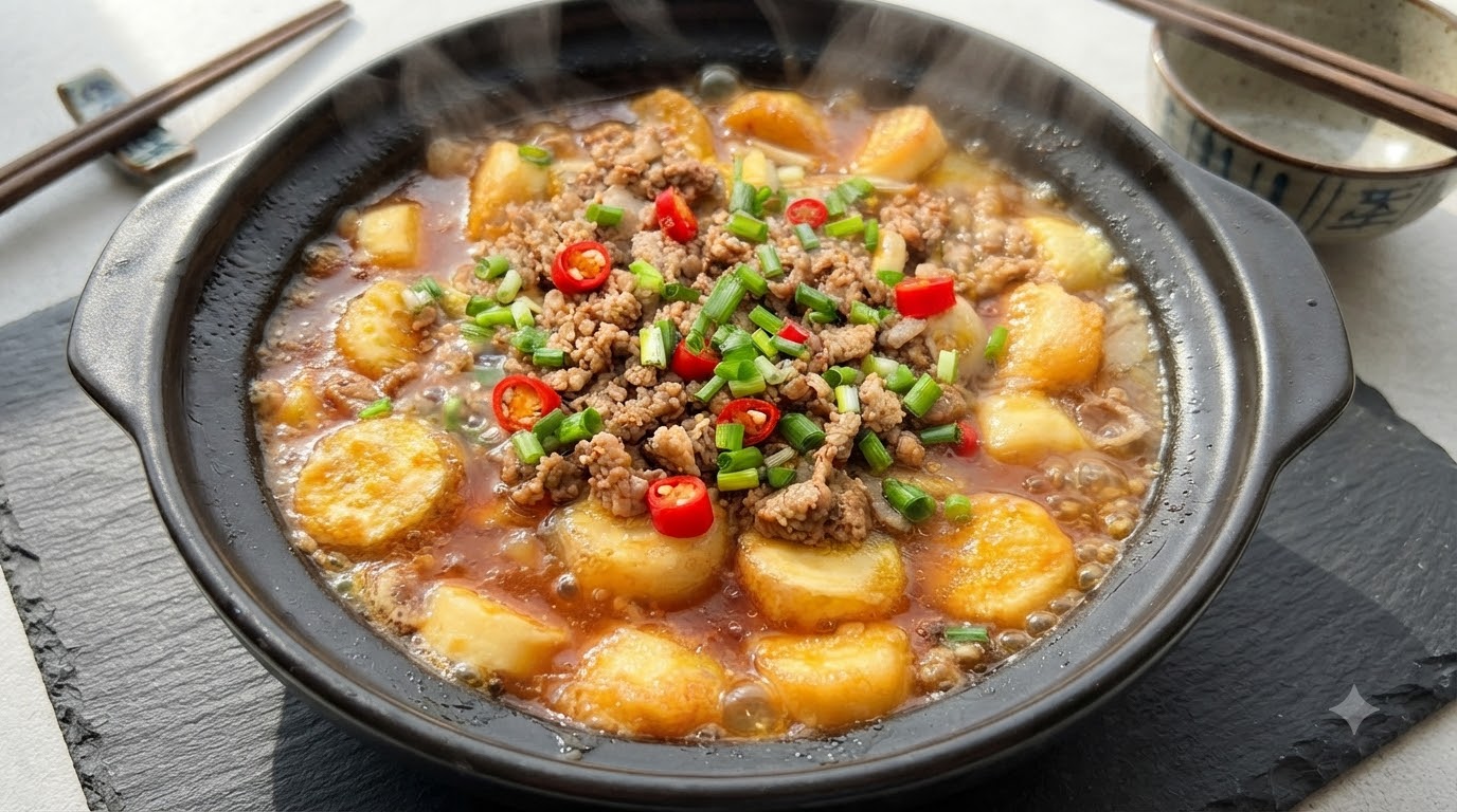 Ein blubbernder Tontopf gefüllt mit goldenem japanischem Tofu, pikantem Hackfleisch, Enoki-Pilzen und frischer Chili-Garnitur