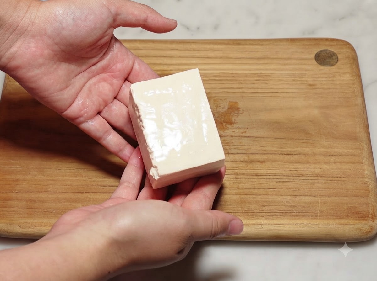 Ein halber Block weicher Tofu liegt auf einem Holzschneidebrett, bevor er gewürfelt wird.
