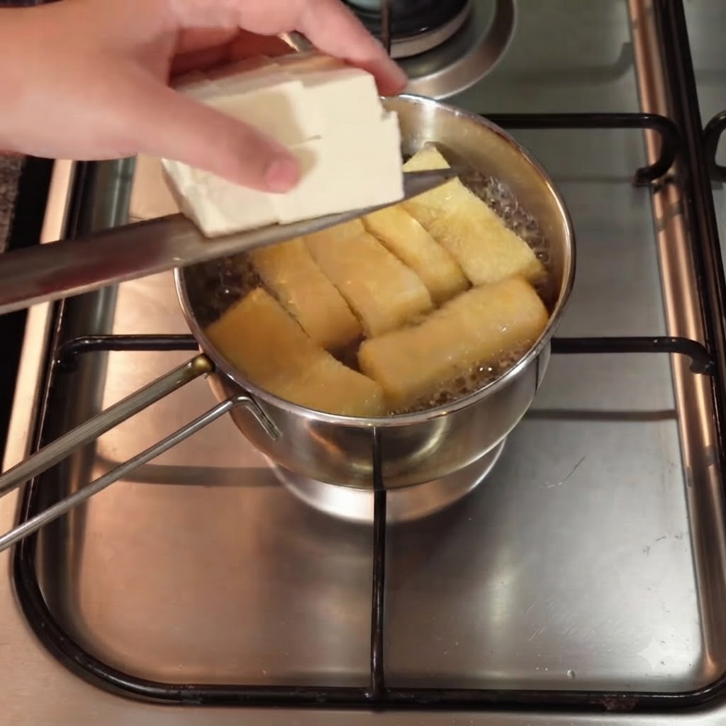 Würfel aus weichem Tofu werden von einem Messer in einen köchelnden Suppentopf mit Aburaage-Streifen geschoben.