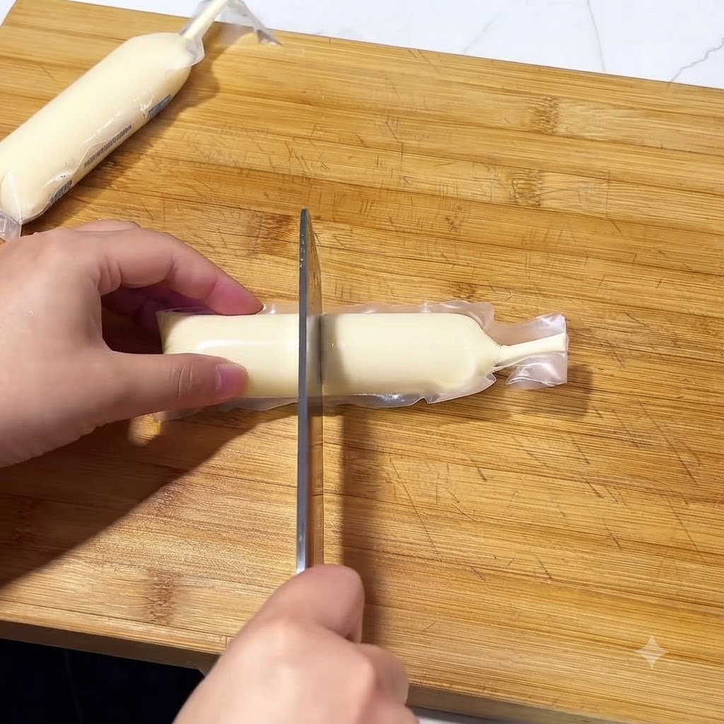 Japanische Tofu-Rollen werden auf einem Holzschneidebrett mit einem Küchenmesser in dicke, runde Stücke geschnitten.