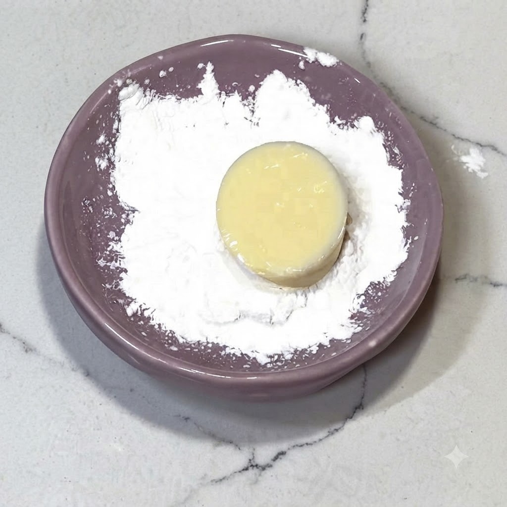 Eine Scheibe japanischer Tofu liegt auf einem violetten Teller und ist mit einer Schicht weißer Stärke bedeckt.