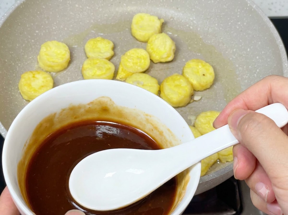 Eine weiße Schüssel mit einer dunkelbraunen Sauce wird mit einem Löffel in eine Pfanne mit gebratenen Tofuscheiben gegossen.