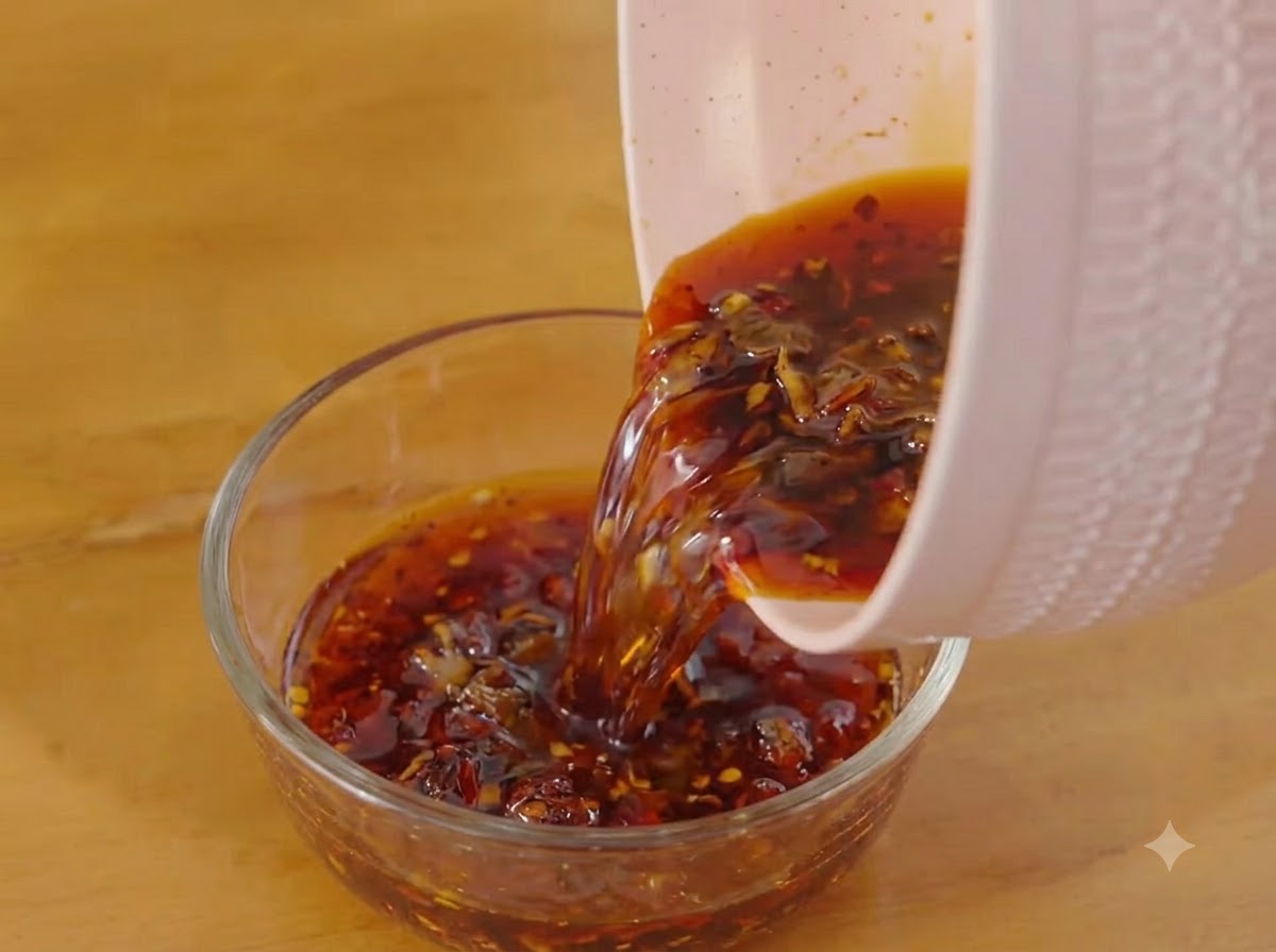 Die warme, gewürzte Sauce wird aus dem rosa Topf in eine durchsichtige Glasschale gegossen.