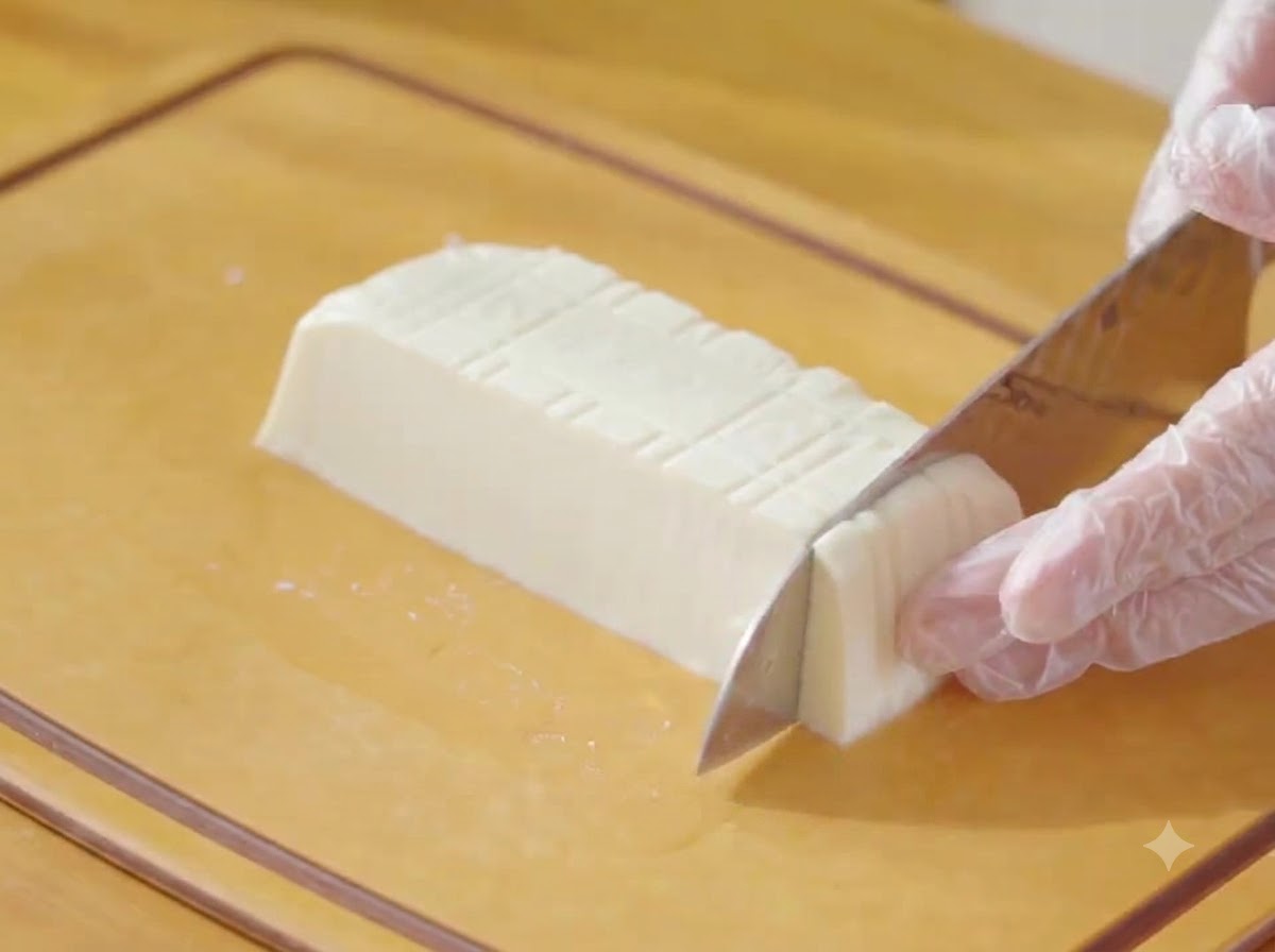 Ein Messer schneidet durch einen Block weißen Seidentofu auf einem Holzschneidebrett.