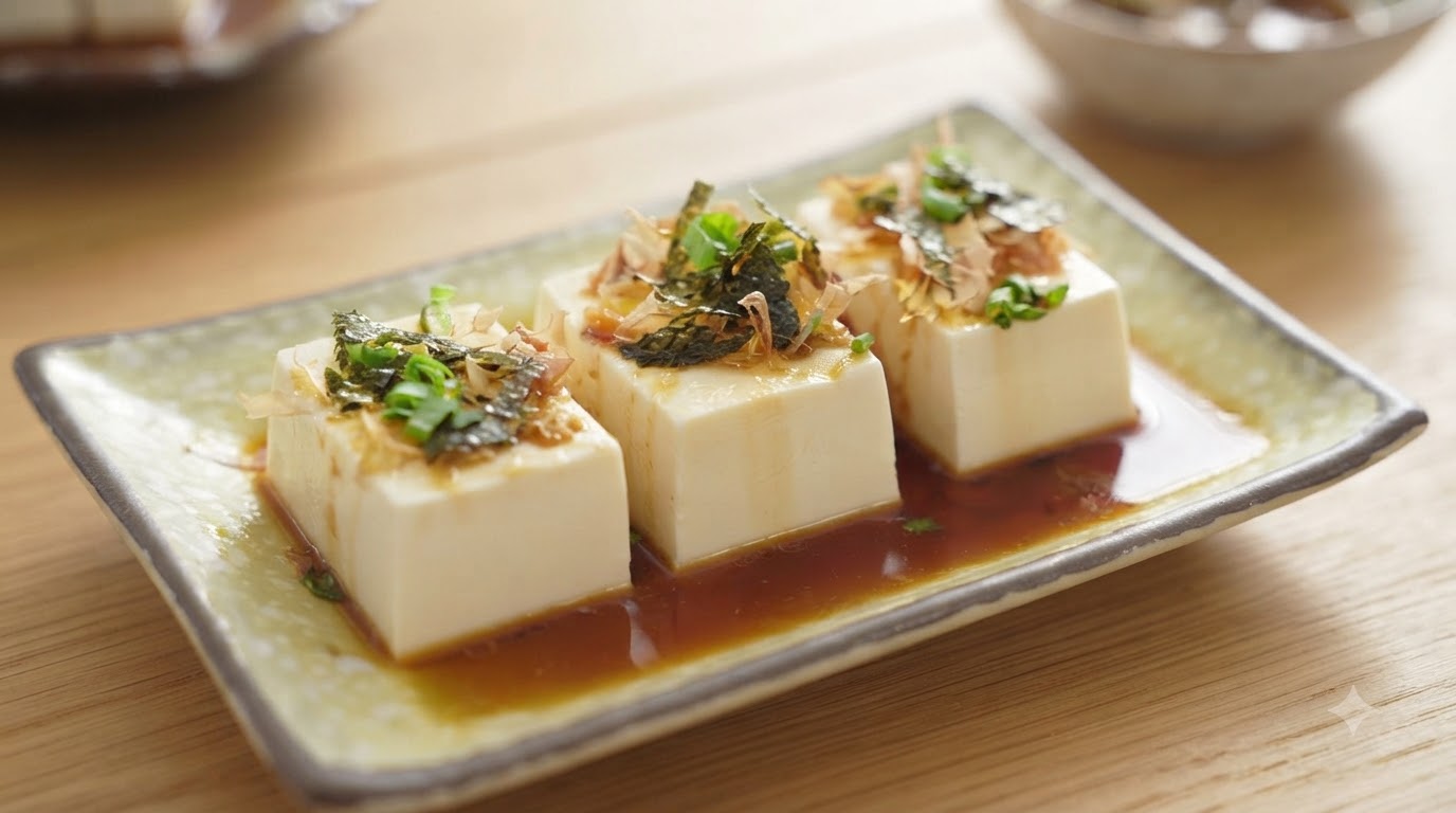 Japanischer kalter Tofu mit speziellem Soja-Dressing (Hiyayakko)