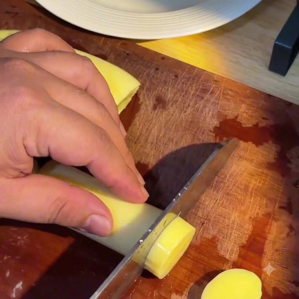 Eine Hand schneidet mit einem Hackbeil eine Rolle gelben japanischen Tofu auf einem Holzbrett in gleichmäßige, runde Scheiben.