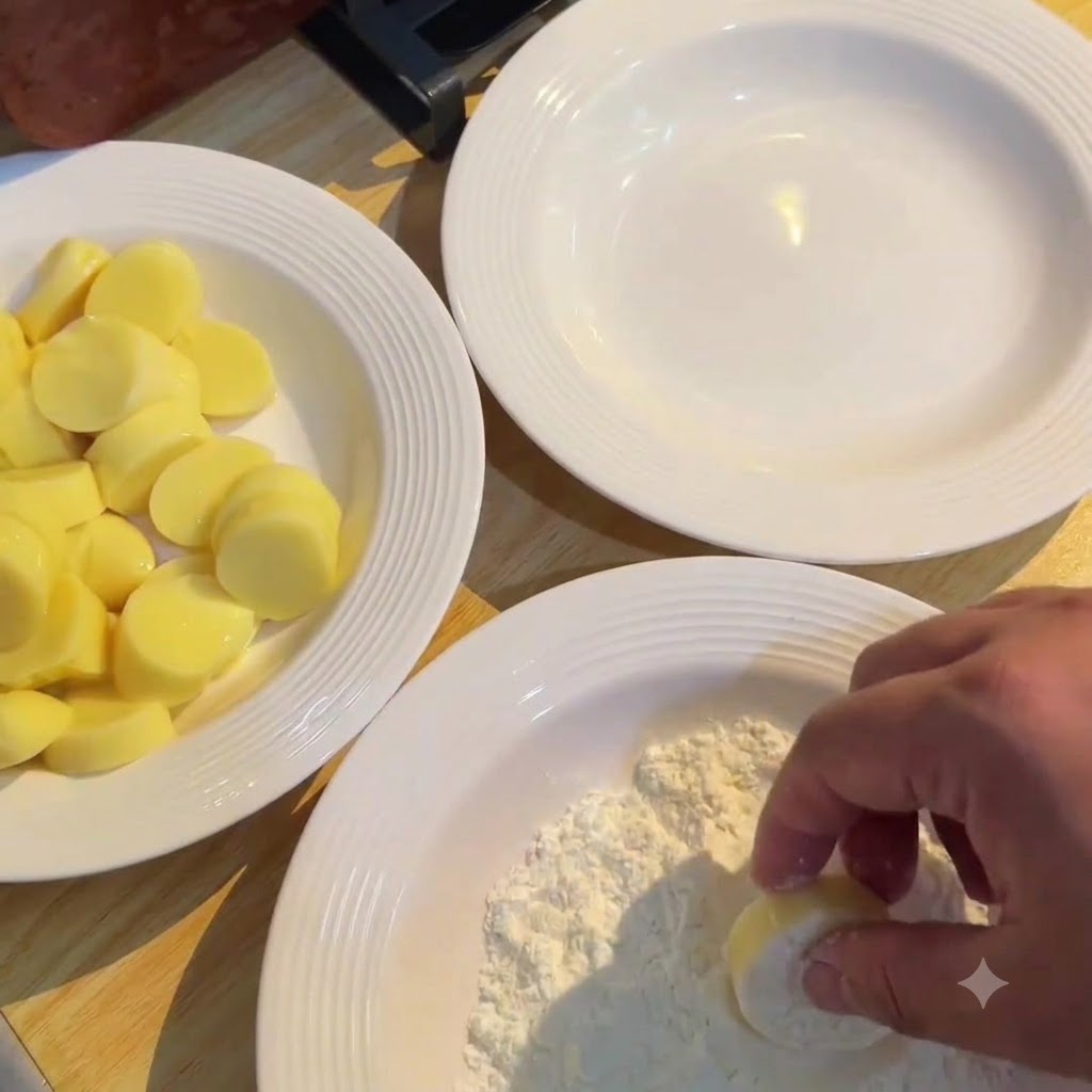 Eine Hand drückt eine Scheibe gelben japanischen Tofu sanft in einen weißen Teller mit trockener Speisestärke.