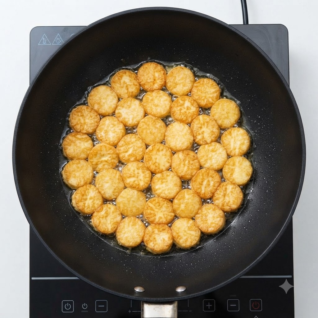 Viele goldbraun gebratene Tofuscheiben brutzeln gleichmäßig in einem schwarzen Wok auf dem Herd.