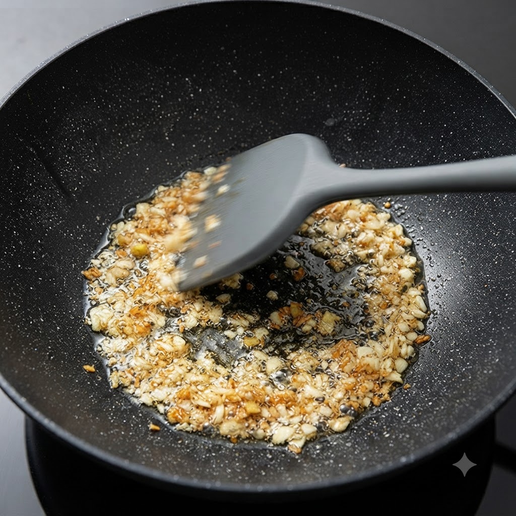 Gehackter Knoblauch und Hackfleisch brutzeln in einem schwarzen Wok und werden mit einem dunklen Silikonspatel gerührt.