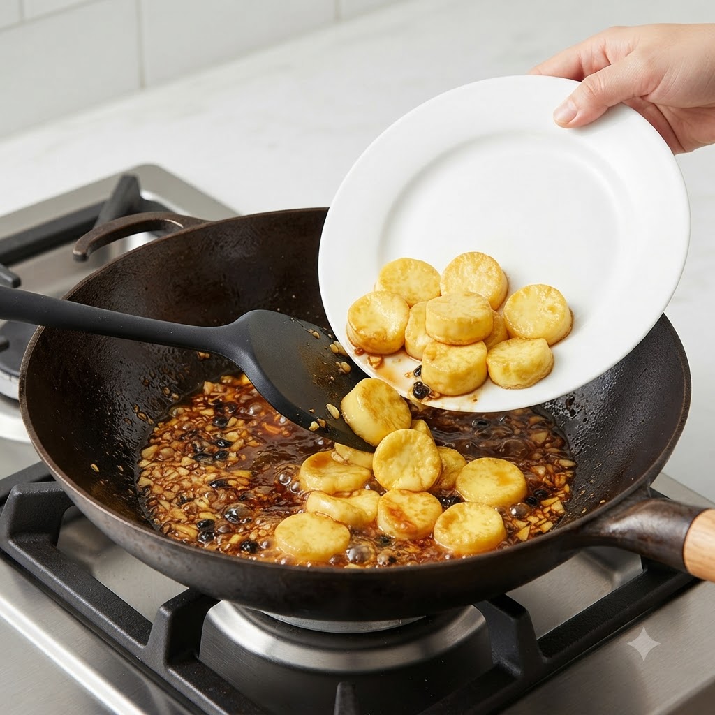 Vorgebratene goldene Tofuscheiben werden von einem weißen Teller in eine blubbernde Saucenmischung in einem dunklen Wok gegeben.