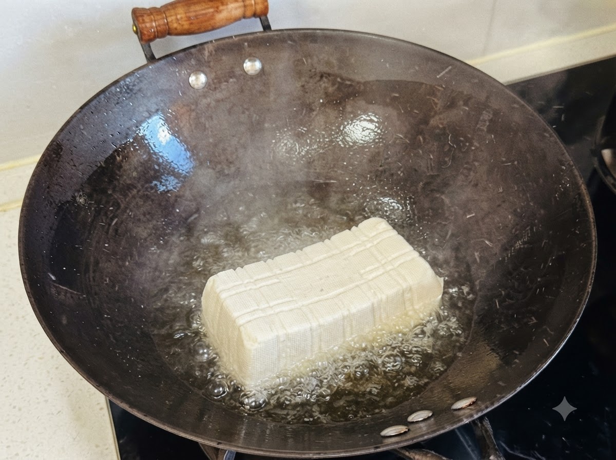 Ein ganzer, rechteckiger Block weicher Tofu liegt in einem heißen, schwarzen Wok mit Öl.
