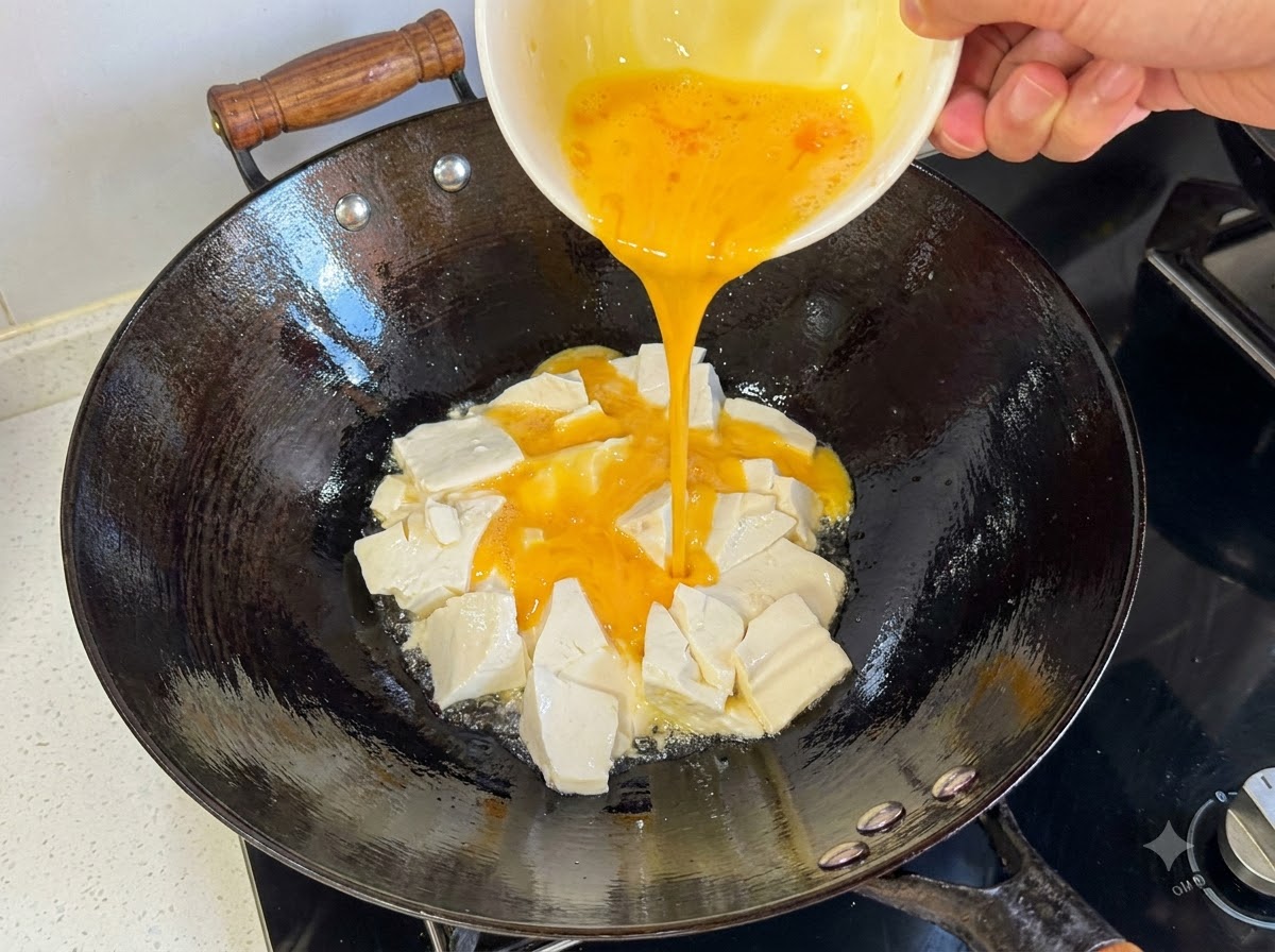 Goldgelbe, verquirlte Eierflüssigkeit wird aus einer Schüssel in den Wok um die Tofustücke herum gegossen.