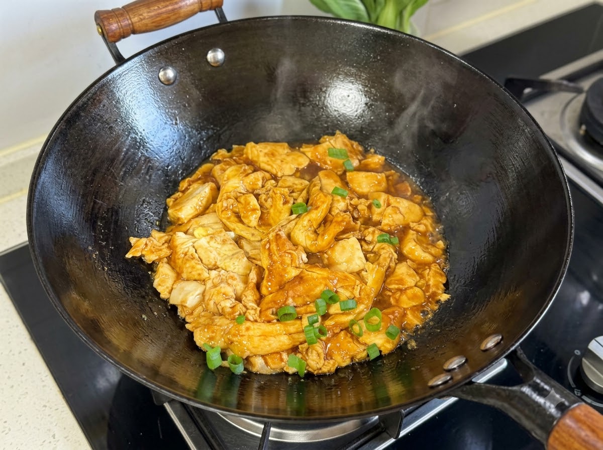 Gehackte Frühlingszwiebeln sind auf der gekochten Tofu-Ei-Mischung in einem schwarzen Wok verstreut.