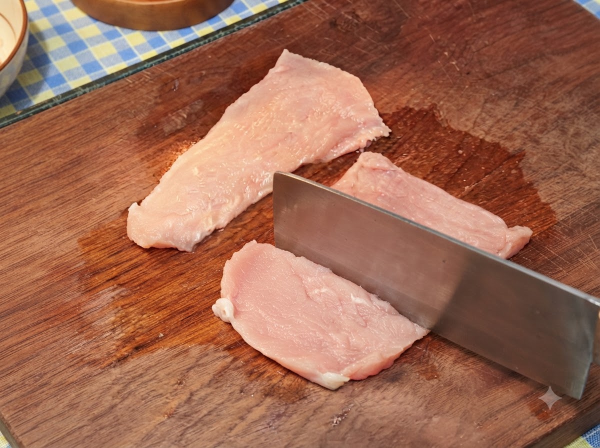 Schweineschnitzel werden auf einer Holzoberfläche mit dem schweren Beilrücken flachgeklopft und zart gemacht.