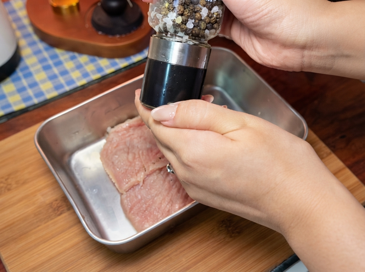Hände bedienen eine Pfeffermühle, um rohe Schweineschnitzel in einem Edelstahltablett zu würzen.