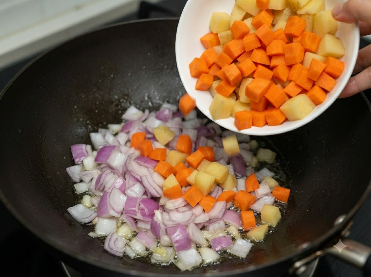 Gewürfelte Karotten und Kartoffeln werden von einem weißen Teller in den Wok mit Zwiebeln gegeben.