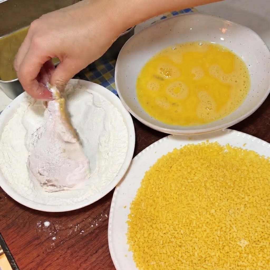 Eine Hand wendet ein Stück rohes Fleisch in einer weißen Schüssel voller Mehl.