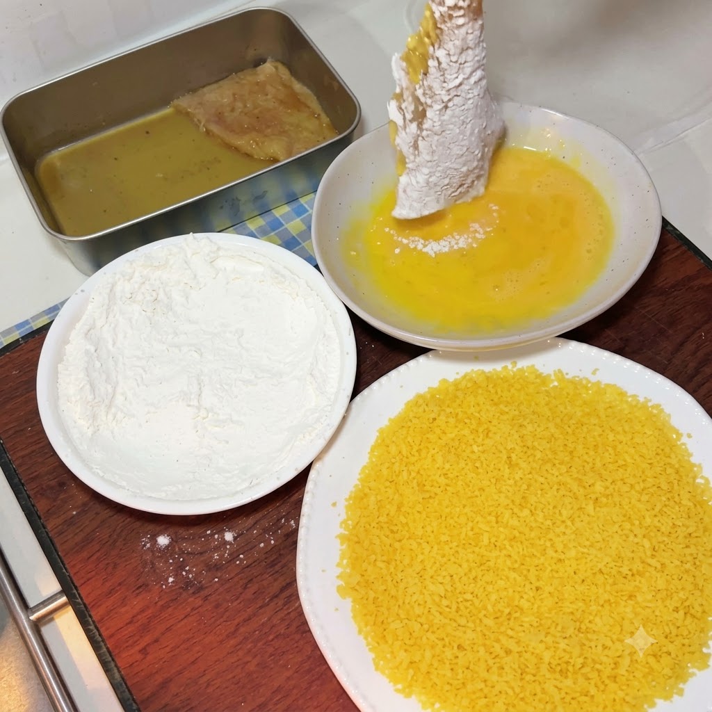 Ein mehlierter Schweineschnitzel wird herausgehoben und in eine Schüssel mit goldener verquirlter Eiflüssigkeit getaucht.