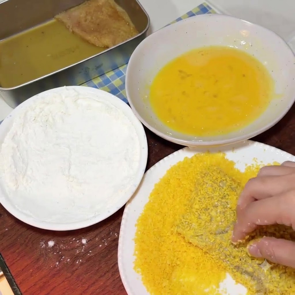 Ein mit Ei benetzter Schweineschnitzel wird fest in einen Teller mit leuchtend gelbem Paniermehl gedrückt.