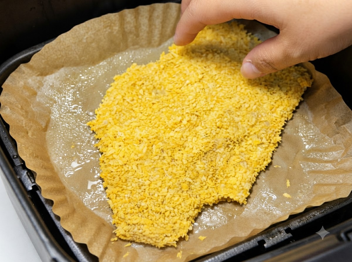 Ein vollständig paniertes Schweineschnitzel wird auf geöltes Backpapier in einen Heißluftfritteusen-Korb gelegt.
