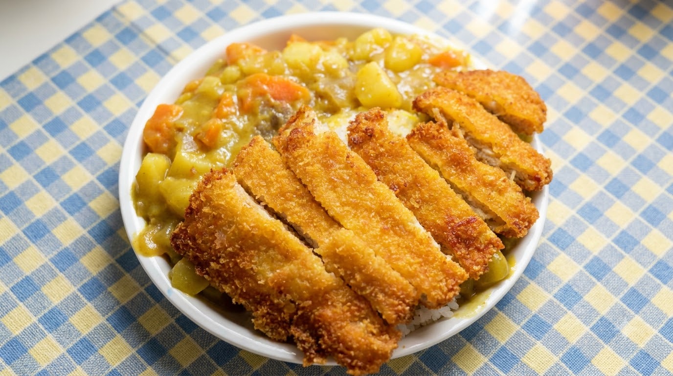 Ein Teller japanisches Curry mit Schweineschnitzel, goldbraun geschnittenen Koteletts und reichhaltiger Gemüsecurrysauce über weißem Reis