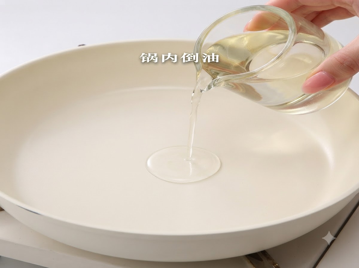 Speiseöl wird aus einem kleinen klaren Glaskrug in die Mitte einer sauberen weißen Bratpfanne gegossen.