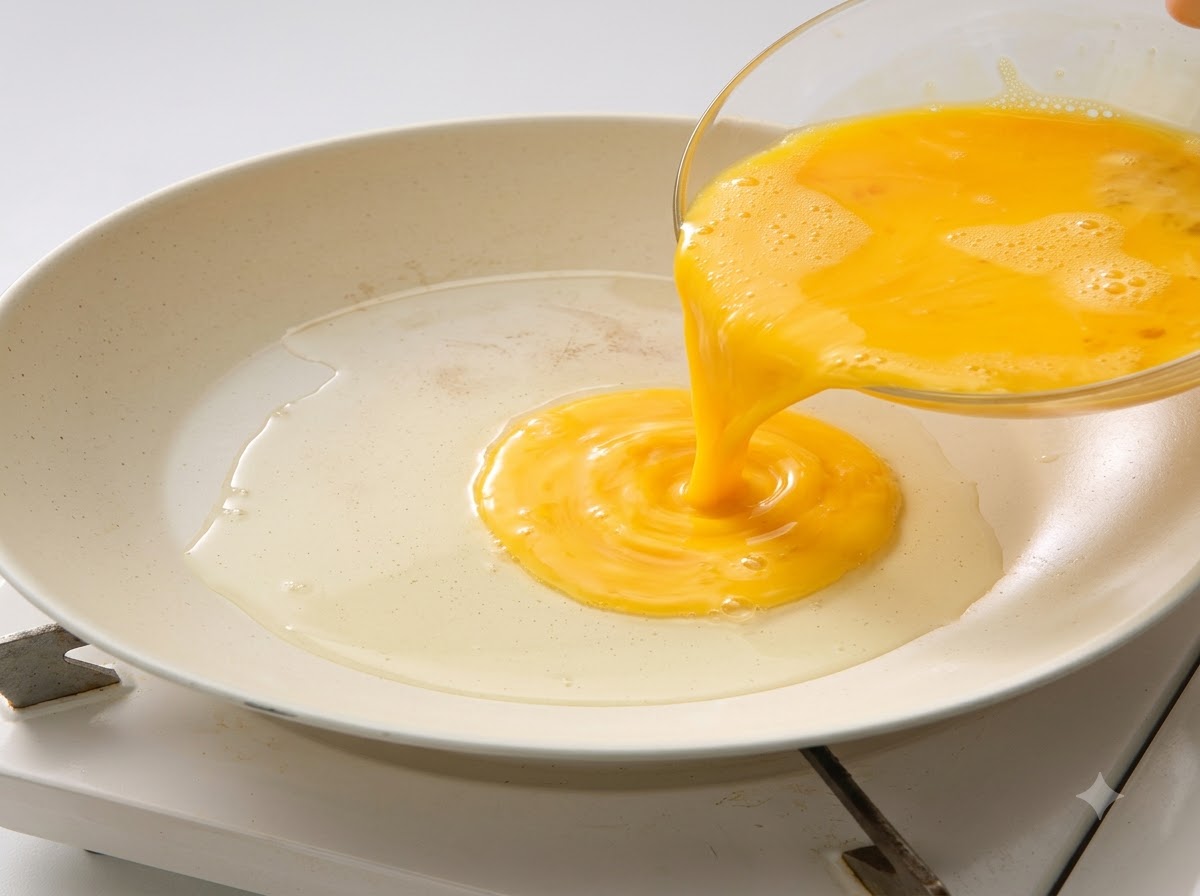 Verquirlte gelbe Eier werden aus einer Glasschüssel in eine heiße weiße Pfanne mit Öl gegossen.