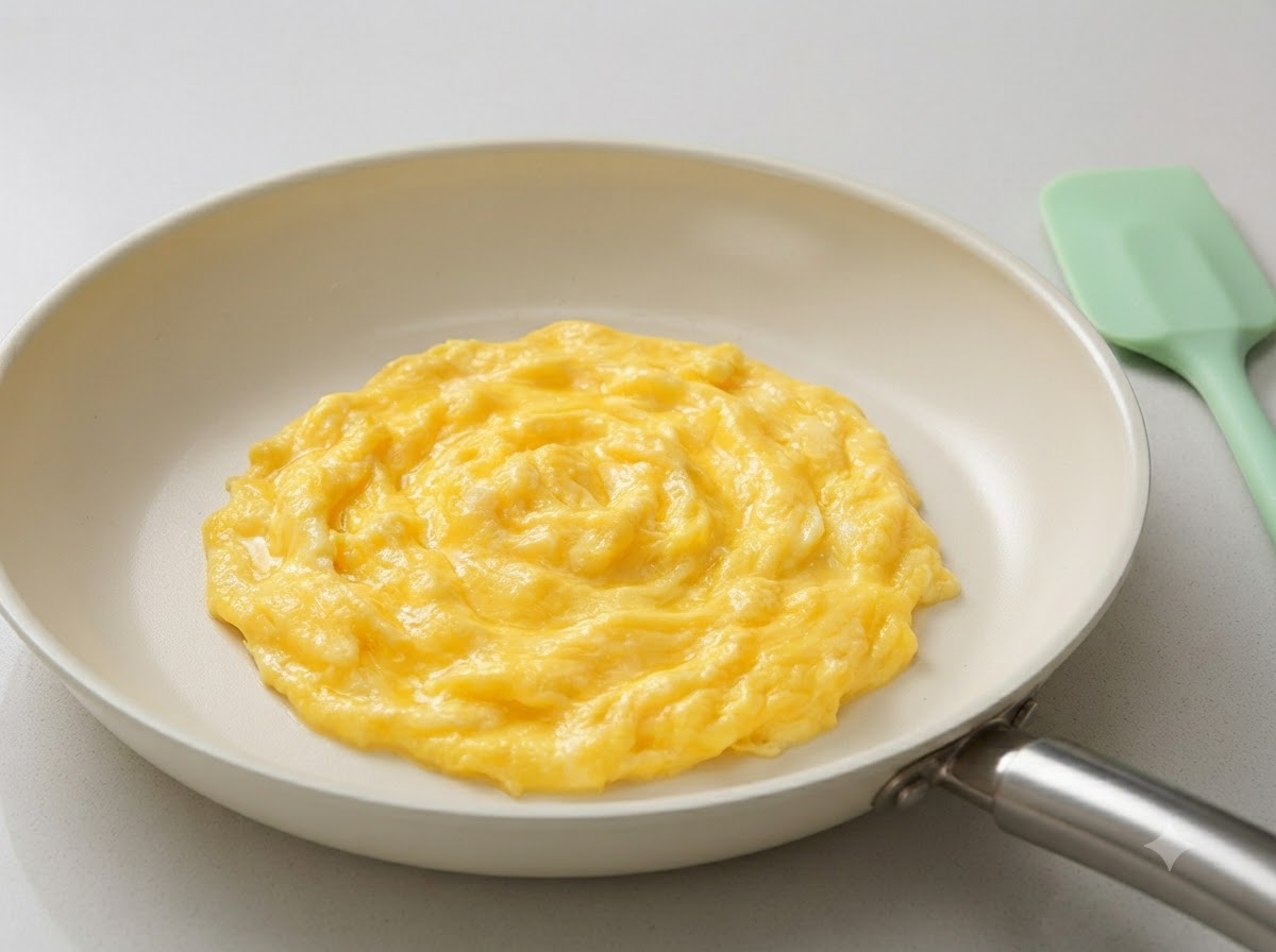 Weiche, cremige Rühreier gesammelt in der Mitte einer weißen Pfanne neben einem hellgrünen Silikonschaber.
