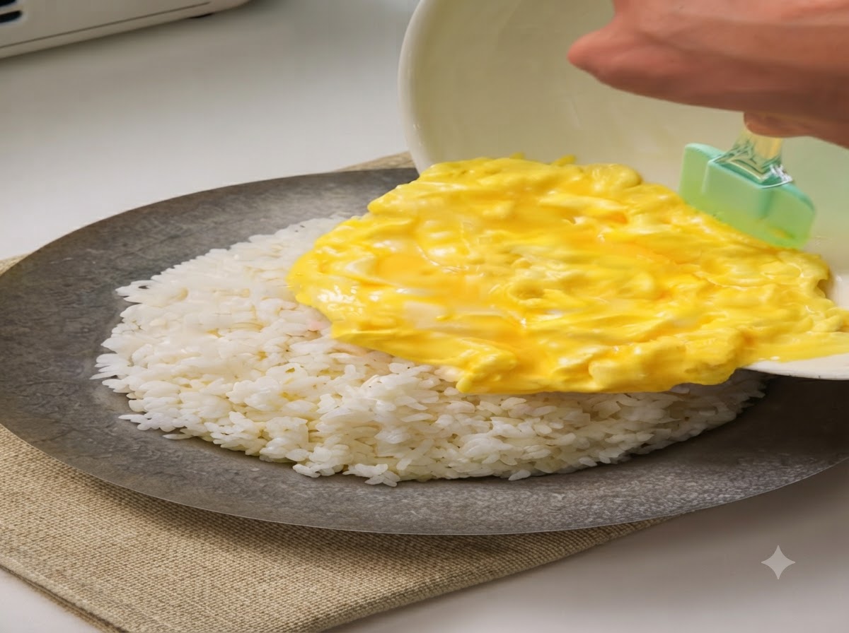 Weiche Rühreier gleiten aus einer weißen Schale auf eine große Platte mit gedämpftem weißem Reis.