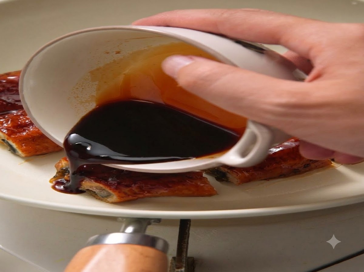 Dunkle süße Sauce wird aus einer kleinen Schüssel über glasierte Aeelstücke in einer weißen Pfanne gegossen.