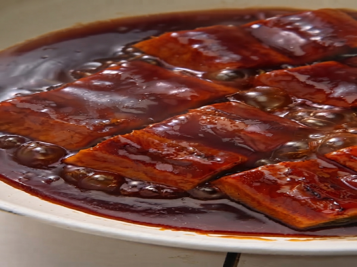 Aeelstücke köcheln in einer blubbernden, dicken braunen Sauce in einer Pfanne.