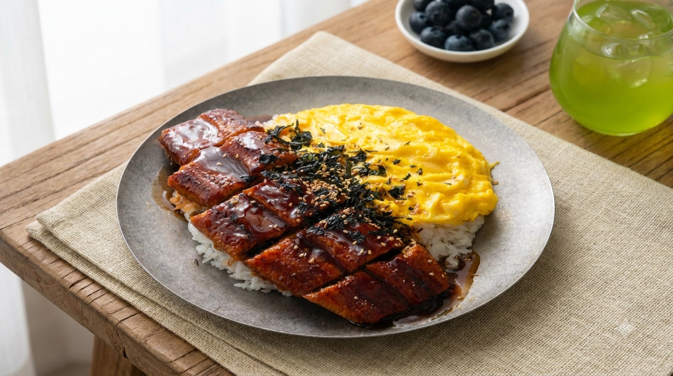 Japanischer Aeel-Reis-Topf mit Weichen Rühreiern (Unatama Don)