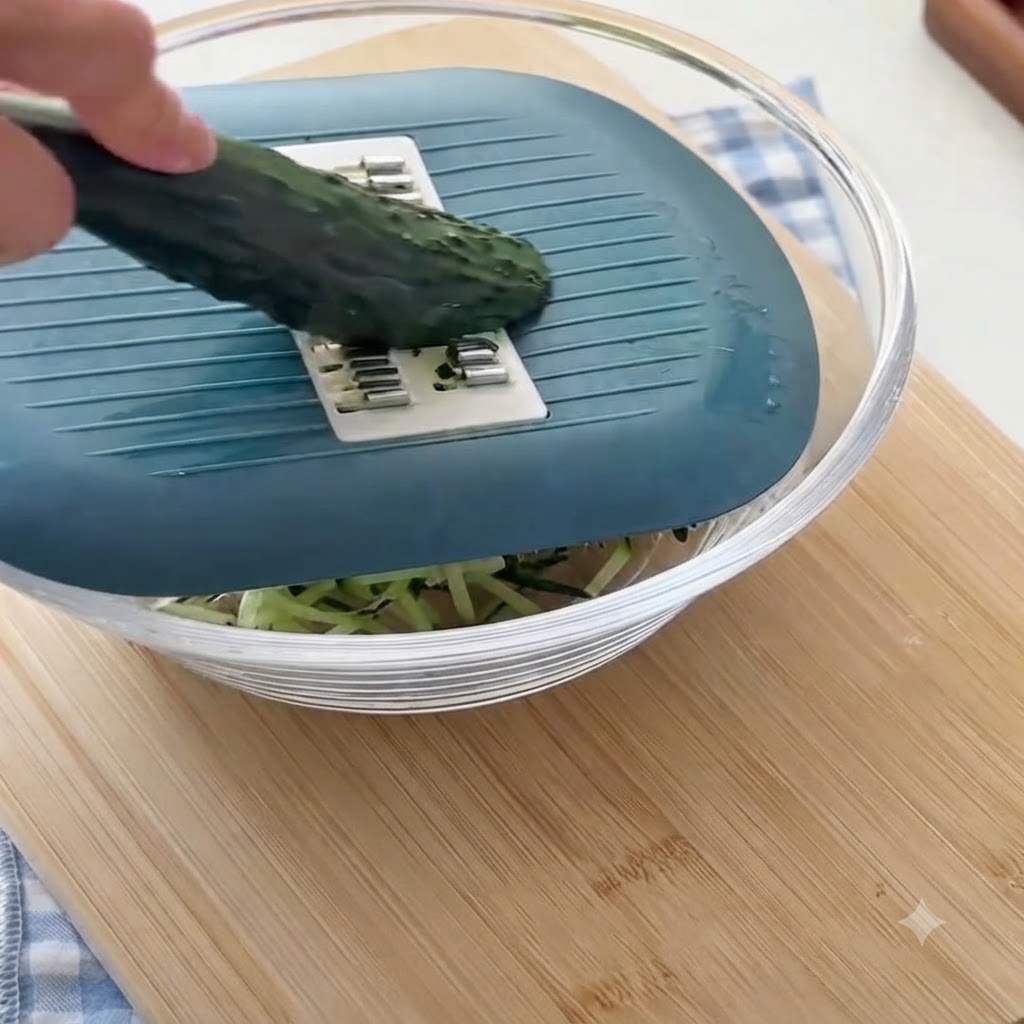 Eine frische Gurke wird mit einer Handreibe über einer Glasschüssel in feine Stücke gerieben.