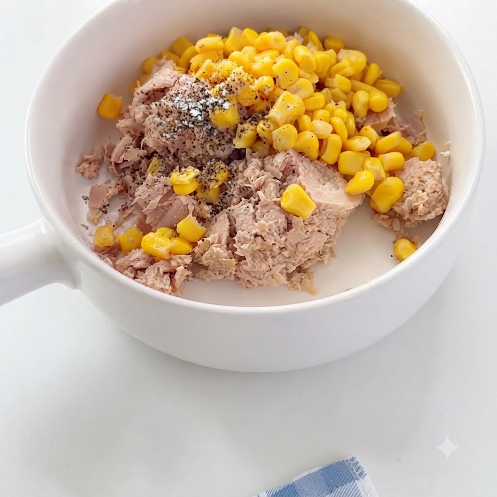 Salatdressing wird mit einem Löffel in die Schüssel mit Thunfisch und Mais eingerührt.