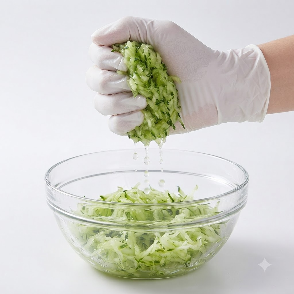 Mit Handschuhen bekleidete Hände drücken fest Wasser aus einer Handvoll geraspelter grüner Gurke über einer Glasschüssel aus.