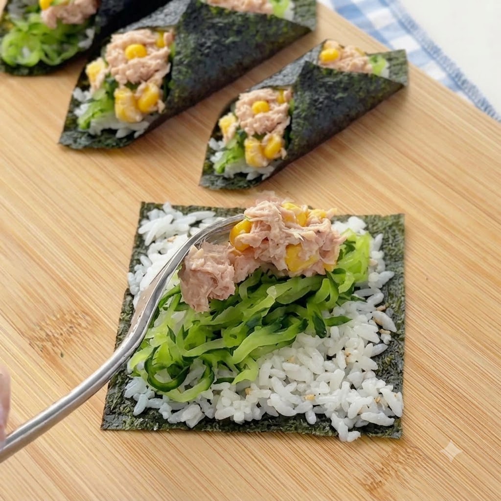 Eine Gabel platziert einen Löffel gemischten Thunfisch-Mais-Salat über der Gurke und dem Reis auf einem Noriblatt.